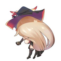 Rule 34 | 1girl, backboob, black dress, black footwear, black gloves, black hat, blonde hair, boots, breasts, chibi, commentary request, dress, elbow gloves, from behind, full body, gloves, hat, highres, large breasts, lets0020, long hair, nijisanji, nui sociere, nui sociere (1st costume), partially fingerless gloves, simple background, solo, standing, thigh boots, transparent background, very long hair, virtual youtuber, witch hat