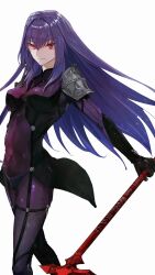 Rule 34 | 1girl, armor, black gloves, bodysuit, breasts, closed mouth, commentary request, fate/grand order, fate (series), floating hair, gae bolg (fate), gloves, hair between eyes, highres, holding, holding polearm, holding weapon, long hair, looking at viewer, medium breasts, pauldrons, polearm, purple bodysuit, purple hair, red eyes, scathach (fate), shoulder armor, sidelocks, simple background, smile, solo, spear, umeboitarou, weapon, white background
