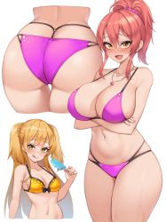 Rule 34 | 2girls, alternate breast size, ass, bikini, blonde hair, blush, breasts, cleavage, crossed arms, food, green eyes, highres, huge ass, idolmaster, idolmaster cinderella girls, jewelry, jougasaki mika, jougasaki rika, kuavera, large breasts, long hair, multiple girls, nail polish, navel, necklace, open mouth, pink bikini, pink hair, popsicle, sexually suggestive, siblings, simple background, sisters, swimsuit, thigh gap, tongue, tongue out, whale tail (clothing), white background, yellow bikini, yellow eyes