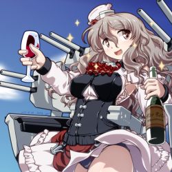Rule 34 | 1girl, 547th sy, black panties, blue sky, bottle, brown eyes, cannon, cloud, commentary request, cowboy shot, cup, day, drinking glass, grey hair, hat, highres, kantai collection, long hair, machinery, mini hat, miniskirt, panties, pola (kancolle), shirt, skirt, sky, smile, solo, sparkle, tilted headwear, underwear, wavy hair, white shirt, wine bottle, wine glass