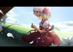 Rule 34 | 1girl, blonde hair, clover, collaboration, colorized, crystal, dirt, eto, female focus, fingernails, flandre scarlet, flower, four-leaf clover, hat, letterboxed, looking down, meadow, open mouth, petals, red eyes, shade, short hair, side ponytail, sitting, skirt, solo, staring, embodiment of scarlet devil, touhou, wallpaper, wings, yuu (kyuutai kansetsu)
