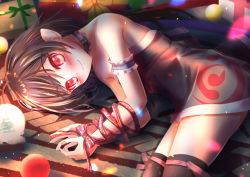 Rule 34 | 1girl, adapted costume, arm strap, belt collar, black dress, black hair, black thighhighs, blush, bound, bound wrists, breasts, choker, christmas, closed mouth, collar, commentary request, dress, feet out of frame, gift, houjuu nue, looking at viewer, pointy ears, purple choker, red eyes, red ribbon, ribbon, ribbon bondage, short dress, short hair, small breasts, smile, solo, strapless, strapless dress, thighhighs, touhou, yakkyokuya