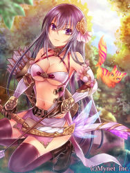Rule 34 | 1girl, angelmaster, arrow (projectile), bow (weapon), breasts, cat, cleavage, grey hair, hair ornament, holding, large breasts, long hair, looking at viewer, navel, neme, official art, original, purple eyes, solo, squatting, weapon