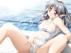 Rule 34 | 1girl, blush, breasts, grey hair, large breasts, long hair, nipples, one-piece swimsuit, pointy ears, pool, red eyes, school swimsuit, see-through, solo, spread legs, swimsuit, water, white school swimsuit, white one-piece swimsuit