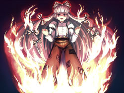 1girl black_background female_focus fire fujiwara_no_mokou long_hair ribbon solo tdk touhou white_hair