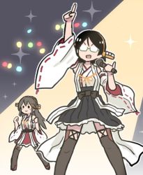 Rule 34 | 2girls, clenched hands, commentary, commentary request, glasses, haruna (kancolle), kantai collection, kirishima (kancolle), lights, microphone, multiple girls, music, oekaki, pinky out, pointing, pointing up, saturday night fever, singing, spotlight, terrajin, thighhighs, zettai ryouiki