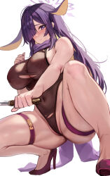 Rule 34 | 1girl, alternate costume, animal ears, bare arms, bare shoulders, black footwear, black leotard, blue archive, blush, breasts, closed mouth, colored inner hair, combat knife, commentary, covered navel, cropped legs, floppy ears, green hair, high heels, highleg, highleg leotard, highres, holding, holding knife, knife, large breasts, leotard, looking at viewer, mole, mole on thigh, multicolored hair, purple eyes, purple hair, purple scarf, rabbit ears, scarf, simple background, sleeveless, solo, squatting, stone (ksorede), tearing up, thick thighs, thigh strap, thighs, torn clothes, torn leotard, tsukuyo (blue archive), weapon, white background