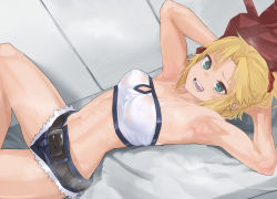 Rule 34 | 1girl, armpits, arms behind head, arms up, bandeau, bare shoulders, blonde hair, blue shorts, braid, breasts, collarbone, cutoffs, denim, denim shorts, fate/apocrypha, fate (series), french braid, green eyes, hair ornament, hair scrunchie, haishima xv, highres, long hair, looking at viewer, lying, medium breasts, mordred (fate), mordred (fate/apocrypha), mordred (memories at trifas) (fate), navel, on back, open mouth, parted bangs, ponytail, red scrunchie, scrunchie, short shorts, shorts, sidelocks, solo, thighs
