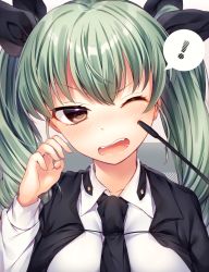 Rule 34 | !, 10s, 1girl, anchovy (girls und panzer), black ribbon, blush, brown eyes, girls und panzer, green hair, hair ribbon, highres, long hair, ntk (7t5), one eye closed, open mouth, ribbon, solo, speech bubble, spoken exclamation mark, twintails, wince