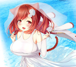 Rule 34 | 1girl, :d, animal ears, azur lane, blush, breasts, bridal gauntlets, bridal veil, busaikusu (boosykes), cat ears, cat tail, commentary request, dress, elbow gloves, fang, flower, gloves, hair flower, hair ornament, highres, i-19 (azur lane), jewelry, large breasts, long hair, looking at viewer, one-piece swimsuit, open mouth, ornate ring, red eyes, red hair, ring, school swimsuit, smile, solo, swimsuit, tail, veil, wedding dress, wedding ring, white one-piece swimsuit, white school swimsuit
