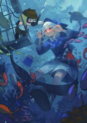 Rule 34 | 2girls, air bubble, algae, animal costume, animal hood, blonde hair, blue eyes, blue hair, blue hoodie, blue nails, brown headwear, brown skirt, bubble, chibi, claw pose, commentary, coral, deerstalker, diving mask, ebi-chan (gawr gura), english commentary, fingernails, fins, fish, fish tail, foreshortening, gawr gura, gawr gura (1st costume), goggles, grin, halo, hat, highres, hololive, hololive english, hood, hood up, hoodie, leonardo vincent, long sleeves, medium hair, multicolored hair, multiple girls, nail polish, necktie, red necktie, scuba tank, shark cage, shark costume, shark girl, shark hood, shark print, shark tail, shirt, shoe soles, shrimp, skirt, smile, smol ame, snorkel, snorkel in mouth, streaked hair, tail, takodachi (ninomae ina&#039;nis), turtle, underwater, virtual youtuber, watson amelia, white footwear, white hair, white shirt, wide sleeves