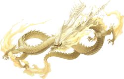 Rule 34 | claws, dragon, eastern dragon, full body, gold, highres, horns, kazuma kaneko, kohryu, official art, red eyes, scales, shin megami tensei, solid eyes, solo, teeth, third-party source, transparent background, whiskers