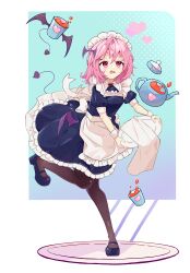 Rule 34 | 1girl, absurdres, apron, bat hair ornament, black souls, blue dress, bow, bowtie, brown pantyhose, commentary, cup, demon girl, demon tail, dress, hair ornament, heart, highres, holding, holding plate, kuangketi, low wings, maid, maid apron, maid headdress, medium hair, napkin, open mouth, pantyhose, pink eyes, pink hair, plate, polka dot, red bow, red bowtie, short sleeves, solo, spilling, standing, standing on one leg, tail, tea, teapot, victoria (black souls), wings