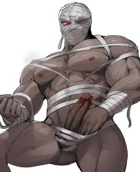 Rule 34 | 1boy, abs, animal costume, animal ears, bandages, bandages, bara, bare pectorals, erection, feet out of frame, glowing, glowing eye, gluteal fold, halloween, halloween costume, highres, large pectorals, male focus, monster boy, mummy costume, muscular, naked bandage, navel, nipples, original, pectorals, penis, revealing clothes, solo, tail, tamazukiyama, thighs, uncensored, undressing, veins, veiny penis, werewolf, white background, wolf boy, wolf costume, wolf ears, wolf tail