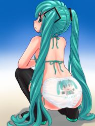 Rule 34 | 1girl, bikini, boots, character name, from behind, green eyes, green hair, hatsune miku, long hair, matching hair/eyes, o-minato, solo, squatting, swimsuit, thigh boots, thighhighs, twintails, very long hair, vocaloid
