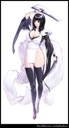 Rule 34 | 1girl, arm up, black eyes, black hair, blade, breasts, choker, cleavage, dual wielding, highres, hip focus, holding, huge breasts, hyulla, iroha (samurai spirits), japanese clothes, knees, large breasts, lipstick, long hair, long legs, looking at viewer, maid, maid headdress, makeup, mole, samurai spirits, sandals, simple background, smile, solo, thighhighs, thighs, wide hips, wristband