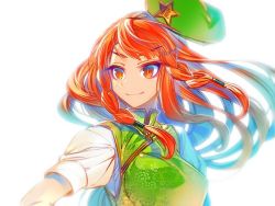 Rule 34 | 1girl, braid, chinese clothes, hat, unworn hat, unworn headwear, hong meiling, jpeg artifacts, long hair, looking away, puffy sleeves, red eyes, red hair, shirt, short sleeves, simple background, smile, solo, star (symbol), touhou, turtleneck, twin braids, upper body, vest, white background, zounose