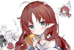 Rule 34 | 1girl, 1other, ahoge, apple, arknights, bad id, bad twitter id, camera, closed mouth, commentary request, doctor (arknights), dwarf, ear piercing, flag, food, fruit, golden apple, green eyes, holding, holding food, holding fruit, hood, hood up, hooded jacket, jacket, long hair, long sleeves, myrtle (arknights), open clothes, open jacket, piercing, pointy ears, purple skirt, red hair, simple background, skirt, sleeves past wrists, smile, tank top, toufu mentaru zabuton, translation request, white background, white flag, white jacket, white tank top