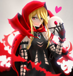 Rule 34 | 1girl, black dress, black gloves, black legwear, blonde hair, blush, breasts, cape, cloak, dress, evileye (overlord), eyelashes, fang, fang out, female focus, gem, gloves, hair between eyes, heart, helmet, highres, hood, hooded cape, hooded cloak, jewelry, long hair, looking at viewer, mask, necklace, overlord (maruyama), red cape, red eyes, red gemstone, scarf, simple background, siraha, small breasts, solo, standing, torn clothes, unworn mask, upper body