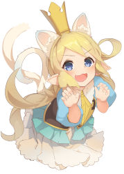 Rule 34 | 1girl, :3, :d, animal ear fluff, animal ears, armor, bad id, bad twitter id, blonde hair, blue dress, blue eyes, blush, breastplate, cat ears, cat girl, cat tail, charlotta (granblue fantasy), claw pose, commentary request, crown, dress, fang, granblue fantasy, hands up, harvin, kemonomimi mode, long hair, looking at viewer, mini crown, o (rakkasei), open mouth, pointy ears, puffy short sleeves, puffy sleeves, short sleeves, simple background, smile, solo, tail, v-shaped eyebrows, very long hair, white background