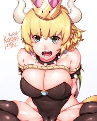 Rule 34 | + +, 1girl, absurdres, armlet, bdsm, black legwear, black leotard, blonde hair, bondage, bound, bowsette, breasts, cameltoe, character name, cleavage, collar, commentary, crown, earrings, english text, fangs, green eyes, highres, horns, jewelry, large breasts, leotard, long hair, looking at viewer, mario (series), muscular, muscular female, new super mario bros. u deluxe, nintendo, pointy ears, ponytail, rope, sharp teeth, shiny clothes, shiny skin, sidelocks, sitting, solo, spiked armlet, spiked collar, spikes, strapless, strapless leotard, super crown, teeth, turtle shell, yakimi 27