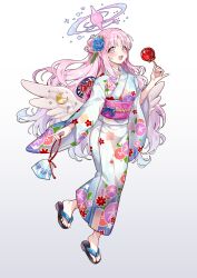 Rule 34 | 1girl, bag, blue archive, blue flower, candy apple, feathered wings, feet, fish, flip-flops, flower, food, goldfish, hair bun, hair flower, hair ornament, halo, highres, holding, holding bag, japanese clothes, kimono, long hair, long sleeves, looking at viewer, mika (blue archive), open mouth, picter, pink hair, plastic bag, purple eyes, sandals, sash, simple background, smile, solo, toenails, toes, white background, wings