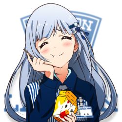 Rule 34 | akizuki ritchan, blue hair, blush, chicken nuggets, closed eyes, closed mouth, commentary request, eating, employee uniform, hair ornament, hand on own cheek, hand on own face, happy, highres, id card, idolmaster, idolmaster million live!, lawson, light blue hair, long hair, long sleeves, shiraishi tsumugi, shirt, smile, solo, striped clothes, striped shirt, toothpick, uniform, upper body, vertical-striped clothes, vertical-striped shirt, very long hair, white background
