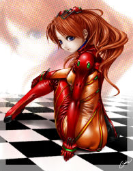 Rule 34 | 00s, 1girl, ass, bad id, bad pixiv id, blue eyes, bodysuit, brown hair, butt crack, checkered floor, evangelion: 2.0 you can (not) advance, floor, goh1090, latex, long hair, looking back, multicolored clothes, neon genesis evangelion, perspective, plugsuit, rebuild of evangelion, solo, souryuu asuka langley, test plugsuit, zoom layer