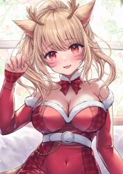 Rule 34 | 1girl, animal ears, bare shoulders, belt, blonde hair, blush, breasts, cat ears, cat girl, cat tail, cleavage, commission, detached sleeves, dress, facial mark, fang, final fantasy, final fantasy xiv, fur-trimmed dress, fur trim, highres, large breasts, long hair, looking at viewer, miqo&#039;te, mirukurim, open mouth, ponytail, red dress, red eyes, sitting, skeb commission, skin fang, tail, warrior of light (ff14), whisker markings, window