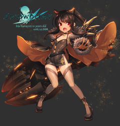 Rule 34 | 1girl, belt, black coat, black dress, black hair, black thighhighs, coat, dress, ecell, fang, huge weapon, iris yuma, long hair, open mouth, outstretched arm, ponytail, red eyes, shoes, short dress, solo, soulworker, thighhighs, weapon, wind, wind lift