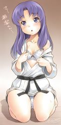 Rule 34 | 10s, 1girl, bad id, bad pixiv id, blush, bra, breasts, cleavage, dougi, happinesscharge precure!, highres, hikawa iona, japanese clothes, karate gi, long hair, looking at viewer, obi, off shoulder, on floor, open clothes, panties, precure, purple eyes, purple hair, sash, seiza, sekihan, sitting, small breasts, solo, sweat, underwear