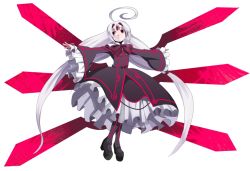 Rule 34 | 1girl, ahoge, bad id, bad pixiv id, black pantyhose, bow, dress, expressionless, forehead jewel, frilled dress, frills, full body, hair ornament, hair tubes, huge ahoge, jerun, long hair, neon trim, outstretched arms, pantyhose, platform footwear, red eyes, twintails, under night in-birth, vatista, very long hair, white hair, wide sleeves, wings