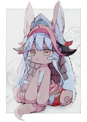 Rule 34 | 1other, :&lt;, animal ear fluff, animal ears, animal feet, barefoot, blush stickers, body fur, border, closed mouth, expressionless, fake horns, feet, full body, furry, grey background, grey hair, half-closed eyes, helmet, highres, horned helmet, horns, long hair, looking at viewer, made in abyss, multicolored clothes, multicolored headwear, multicolored pants, nanachi (made in abyss), other focus, outside border, own hands together, pants, pawpads, sidelocks, sitting, solo, soresaki, spread legs, tail, topless, two-tone fur, v arms, whiskers, white border, white fur, yellow eyes, yellow fur