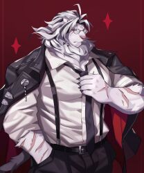 Rule 34 | 1boy, absurdres, animal ears, bara, collared shirt, cross scar, formal, furry, furry male, glasses, highres, huge pectorals, lion boy, lion ears, lion hair, looking at viewer, loose necktie, male focus, mature male, muscular, muscular male, necktie, original, pectoral cleavage, pectorals, round eyewear, scar, scar on face, scar on forehead, shirt, solo, strongman waist, suit, suspenders, thick eyebrows, yed (yedsilent)