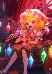 Rule 34 | 1girl, :d, absurdres, ascot, asymmetrical hair, birdcage, black footwear, blonde hair, blood, blush, bow, cage, commentary request, crystal, cup, dress, drill hair, eyelashes, fang, flandre scarlet, frilled dress, frilled shirt collar, frilled sleeves, frilled socks, frills, hat, hat bow, highres, holding, holding cup, lushuao, mary janes, mob cap, one side up, open mouth, puffy short sleeves, puffy sleeves, red bow, red eyes, red ribbon, ribbon, ringed eyes, shoes, short hair with long locks, short sleeves, sitting, skin fang, smile, socks, solo, stuffed animal, stuffed toy, teacup, teddy bear, tongue, touhou, white hat, white socks, window, wings, wrist cuffs, yellow ascot