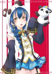 Rule 34 | 1girl, animal hood, blue hair, blue skirt, blush, chinese clothes, cleavage cutout, clothing cutout, cosplay, cowboy shot, dress, earrings, floral print, hair between eyes, hair ornament, hairclip, highres, hood, hood up, jewelry, long hair, long sleeves, looking at viewer, love live!, love live! school idol festival, love live! school idol project, love live! sunshine!!, open mouth, panda hood, print skirt, rin5325, shoulder cutout, skirt, sleeves past fingers, sleeves past wrists, solo, sonoda umi, striped, striped background, stuffed animal, stuffed panda, stuffed toy, tsushima yoshiko, tsushima yoshiko (cosplay), very long sleeves, yellow eyes