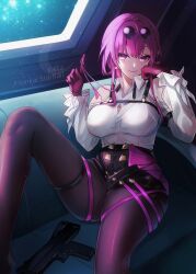 Rule 34 | 1girl, bare shoulders, black shorts, breasts, clothing cutout, commentary request, gloves, hands up, highres, honkai: star rail, honkai (series), index finger raised, indoors, kafka (honkai: star rail), kmes niku, large breasts, long hair, looking at viewer, pantyhose, pantyhose under shorts, purple eyes, purple gloves, purple hair, purple pantyhose, shirt, short shorts, shorts, shoulder cutout, sitting, smile, solo, thighs, white shirt