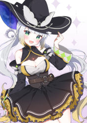 Rule 34 | :d, adjusting clothes, adjusting headwear, artist name, blonde hair, blush, breasts, cleavage cutout, clothing cutout, colored tips, commentary request, crescent, crescent hat ornament, dated, detached sleeves, frilled skirt, frills, green eyes, grey hair, hat, hat ornament, highres, indie virtual youtuber, large breasts, long sleeves, looking at viewer, low twintails, mochiko tsuru, mole, mole on breast, multicolored hair, open mouth, skirt, smile, twintails, virtual youtuber, witch hat