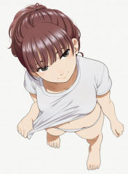 Rule 34 | arm up, bare legs, barefoot, blunt bangs, breasts, brown eyes, brown hair, clothes pull, commentary request, eyebrows, from above, full body, hand up, holding, holding clothes, holding shirt, legs, mattaku mousuke, medium breasts, medium hair, midriff, navel, original, panties, pulling own clothes, shirt, shirt pull, simple background, standing, thighs, underwear, white background, white panties, white shirt