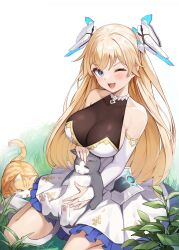 Rule 34 | 1girl, absurdres, animal, black bodysuit, blonde hair, blue eyes, blush, bodysuit, breasts, cat, character request, cleavage, commentary request, copyright request, dress, elbow gloves, gloves, halterneck, highres, holding, holding animal, holding cat, interface headset, large breasts, layered dress, long hair, looking at viewer, masai, on grass, one eye closed, open mouth, see-through, see-through cleavage, sidelocks, sitting, solo, strapless, strapless dress, wariza, white dress, white gloves