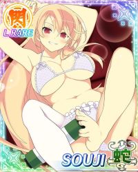Rule 34 | 10s, 1girl, armpits, barefoot, blonde hair, breasts, card (medium), character name, cleavage, feet, hair between eyes, lace, lace-trimmed legwear, lace trim, large breasts, long hair, senran kagura, single thighhigh, solo, souji (senran kagura), thighhighs, toes, underboob, underwear, underwear only, white thighhighs