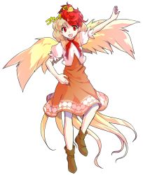 Rule 34 | 1girl, :d, alphes (style), bird, blonde hair, boots, brown footwear, dairi, full body, hand on own hip, highres, multicolored hair, niwatari kutaka, open mouth, outstretched arm, parody, puffy short sleeves, puffy sleeves, red eyes, red hair, short hair, short sleeves, simple background, smile, solo, standing, straight-on, style parody, tachi-e, tail, touhou, transparent background, two-tone hair, white background, wings