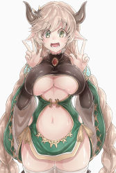 Rule 34 | 10s, 1girl, black gloves, braid, breasts, brooch, carmelina (granblue fantasy), clothing cutout, covered erect nipples, cowboy shot, double v, draph, fang, gloves, granblue fantasy, green eyes, horns, jewelry, large breasts, light brown hair, long hair, long sleeves, looking at viewer, navel, opanchu (pixiv259683), open mouth, pointy ears, revealing clothes, simple background, solo, standing, thighhighs, twin braids, underboob, underboob cutout, v, very long hair, white background, white thighhighs, wrist cuffs
