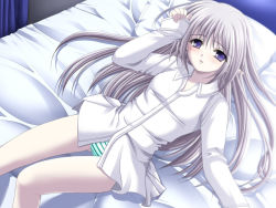 Rule 34 | 00s, 1girl, bed, blush, panties, primula, shuffle!, solo, striped clothes, striped panties, underwear