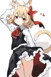 Rule 34 | 1girl, absurdres, animal ears, ascot, black skirt, black vest, blonde hair, closed mouth, clynxen, collared shirt, frilled skirt, frills, hair between eyes, heart, highres, long sleeves, looking at viewer, red ascot, red eyes, rumia, shirt, short hair, skirt, solo, tail, touhou, vest, white background, white shirt