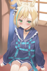 Rule 34 | 1girl, absurdres, animal ears, black collar, blonde hair, blue dress, blue hair, blue sailor collar, blurry, blurry background, blush, closed mouth, collar, collarbone, commentary request, curtains, day, depth of field, dress, frilled sailor collar, frills, green eyes, highres, horse ears, indoors, little cocon (umamusume), long sleeves, multicolored hair, o-ring, puffy long sleeves, puffy sleeves, sailor collar, sailor dress, sleeves past wrists, solo, streaked hair, sunlight, sutei (arece15), umamusume, window