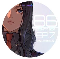 Rule 34 | 1other, 86 -eightysix-, androgynous, black hair, black jacket, black shirt, character request, copyright name, dated, jacket, long hair, looking at viewer, necktie, parted lips, portrait, purple eyes, red neckwear, shirabi, shirt, wing collar