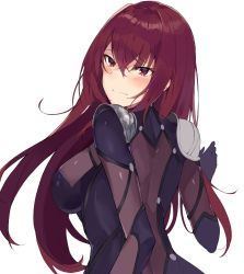Rule 34 | 1girl, armor, blush, bodysuit, breasts, closed mouth, embarrassed, covered erect nipples, fate/grand order, fate (series), from behind, hair between eyes, large breasts, long hair, purple bodysuit, red eyes, red hair, scathach (fate), scathach (fate), shoulder armor, simple background, solo, pauldrons, tuxedo de cat, white background