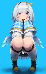 Rule 34 | 1girl, amane kanata, angel wings, black footwear, blue background, blue socks, blush, boots, closed mouth, commentary request, frills, full body, hands on own cheeks, hands on own face, head rest, highres, hololive, hototogisu (hot to gis), kneehighs, knees together feet apart, legwear garter, long sleeves, looking at viewer, purple eyes, short hair, silver hair, simple background, smile, socks, solo, squatting, turtleneck, virtual youtuber, wings