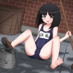 Rule 34 | 10s, 1girl, arm support, barefoot, black eyes, black hair, blush, bob cut, broom, bucket, cameltoe, fallen down, feet, girls und panzer, gotou moyoko, holding, kouson&#039;en, leaning back, loafers, looking at viewer, one-piece swimsuit, open mouth, puddle, school swimsuit, shoes, short hair, single shoe, sitting, soles, solo, spread legs, swimsuit, tears, toes, water, wet, wet clothes